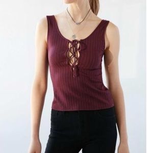 Urban Outfitters Burgundy Lace-up Ribbed Tank